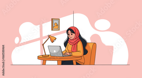 A focused woman in a hijab works remotely on her laptop at a desk, embodying productivity and modern work-life balance. Ideal for business, education, or lifestyle content.