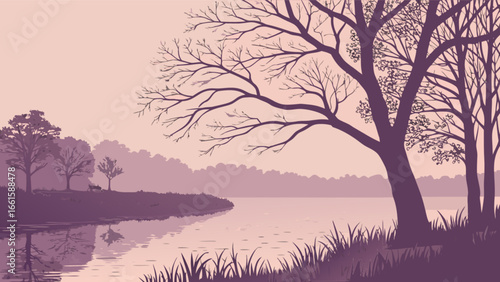 A serene river landscape with bare trees silhouetted against a soft pastel colored sky at dusk or dawn