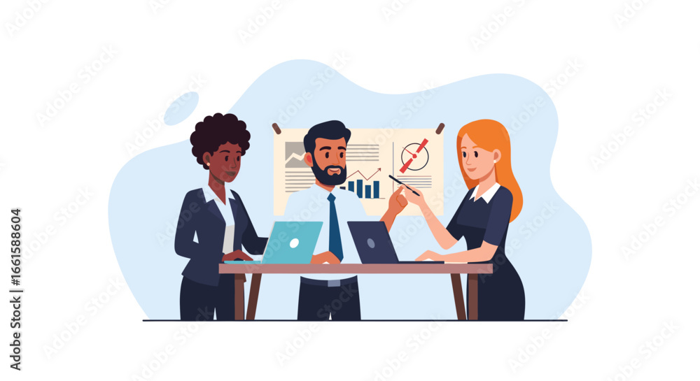 Diverse business professionals collaborate on a project, analyzing data and discussing strategy. Represents teamwork, innovation, and successful outcomes. Diverse business professionals collaborate on a project, analyzing data and discussing strategy. Represents teamwork, innovation, and successful outcomes.