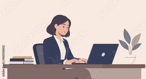 Professional woman working diligently on her laptop at a modern desk. Ideal for concepts of productivity, remote work, online education, and business success.