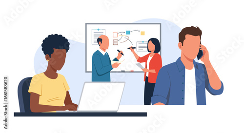 Diverse professionals collaborating, brainstorming on a whiteboard, and communicating. Illustrates teamwork, strategy, and modern business productivity in an office setting.