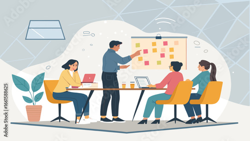 Diverse team collaborates in a modern office meeting, discussing ideas and planning projects. Represents teamwork, strategy, and business productivity.
