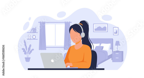 Focused woman in headphones using a laptop at home, representing remote work, online learning, or virtual communication in a comfortable setting.