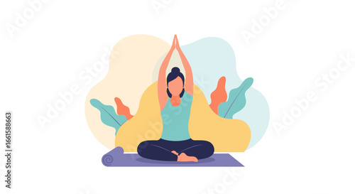 Woman practicing yoga and meditation, promoting wellness, mental peace, and a balanced lifestyle. Ideal for health, fitness, and spiritual concepts.