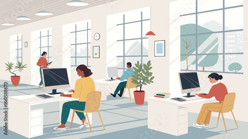 Diverse professionals work productively in a modern, bright open-plan office, engaged with computers and documents. Ideal for business, technology, and lifestyle themes.