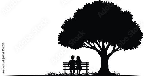 Couple sitting on bench beneath a tree enjoying romantic tranquil moment