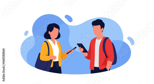 Two people engaging in digital communication, exchanging information via their smartphones. Modern technology and connection for business or daily lifestyle.