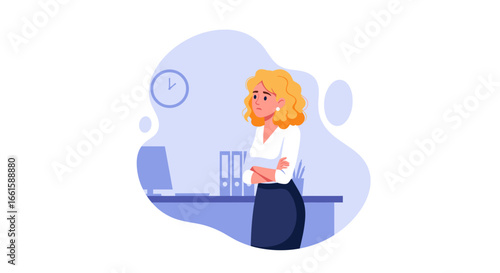 Worried businesswoman with crossed arms at her office desk, expressing stress or dissatisfaction in a professional environment.