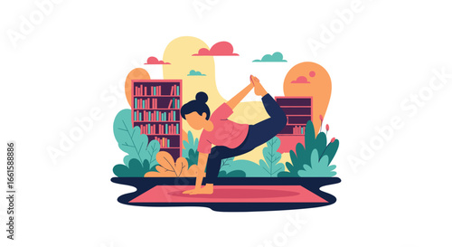 Woman practicing a complex yoga pose on a mat, emphasizing balance, wellness, and mindful living in a serene home environment.