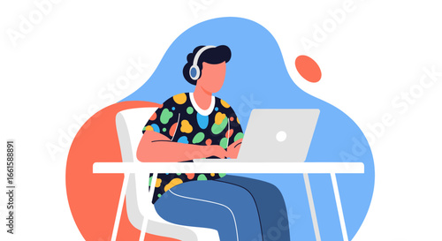 Focused individual with headphones working on a laptop at a desk. Represents remote work, online learning, digital productivity, and modern lifestyle.
