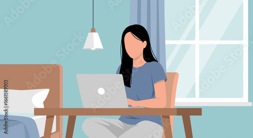 Young woman working comfortably on laptop at home. Depicts remote work, online learning, and a modern flexible lifestyle from her bedroom office.