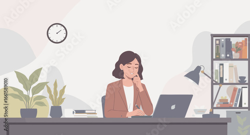Professional woman focused on her laptop, working efficiently from a tidy home office. Ideal for business, remote work, or online learning concepts.