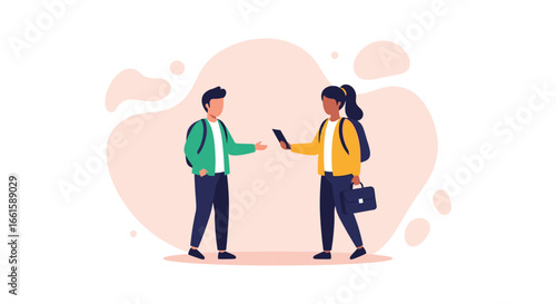 Modern illustration of two diverse individuals exchanging digital information, symbolizing communication, collaboration, and education in a digital age.