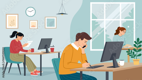 Diverse professionals working productively in a modern office, collaborating and communicating. Ideal for business, remote work, or lifestyle content.