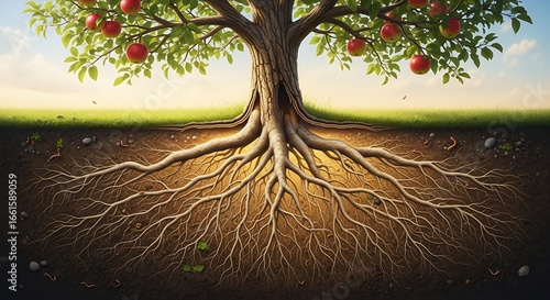 Detailed Cross-Section of Apple Tree Showing Roots, Fruit, and Earth