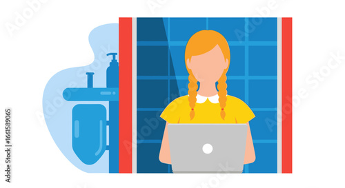 Young girl with pigtails focused on remote learning or online work using a laptop in a home setting. Concepts: education, digital literacy, distance learning.
