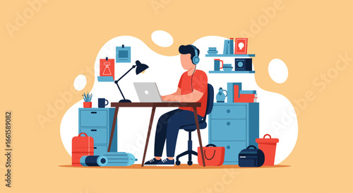 Focused individual working remotely on a laptop in a modern home office. Ideal for concepts of productivity, freelance work, or online learning and business lifestyle.