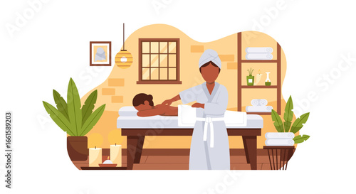 Professional masseuse providing a relaxing back massage to a client in a serene spa setting, promoting wellness, self-care, and stress relief. Ideal for health and beauty concepts.