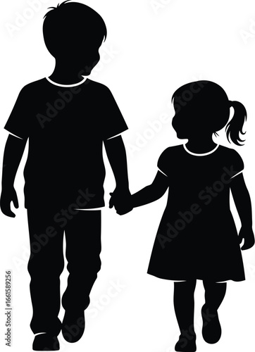 Brother and sister walk hand in hand together with sweet innocence