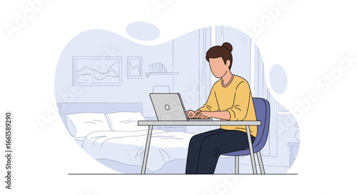 A person focused on working or studying on a laptop at a desk in a comfortable home environment. Represents remote work, online education, and digital lifestyle.