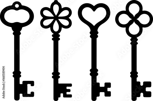 black silhouette illustration of four vintage skeleton keys
