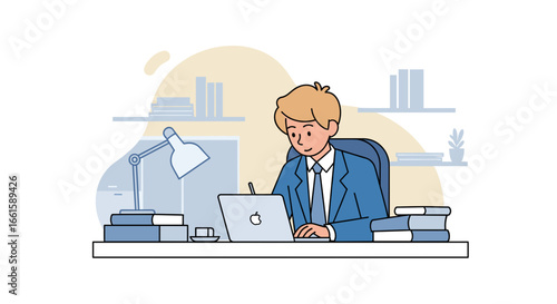 Professional man focused on work at his desk, using a laptop, surrounded by books. Ideal for business, education, and productive lifestyle concepts.