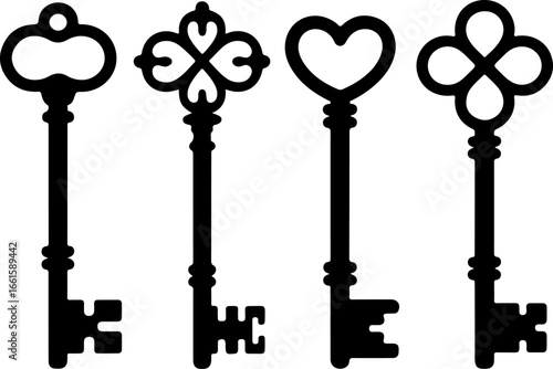black silhouette illustration of four vintage skeleton keys