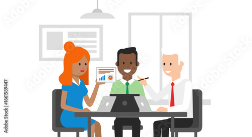 Diverse business team collaborating in an office meeting, analyzing data with laptops and charts. Represents teamwork, strategy, and successful corporate communication.