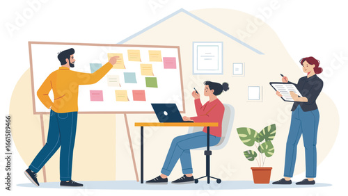 Dynamic team collaboration. Professionals plan and organize tasks with sticky notes on a whiteboard, while a colleague works on a laptop, ideal for business concepts.