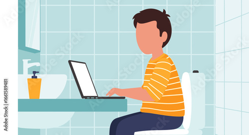 Person uses a laptop while sitting on a toilet in a bathroom. Concept of remote work, multitasking, or blurred work-life boundaries.