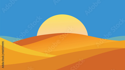 Minimalist desert sunset vector illustration with golden dunes and blue sky