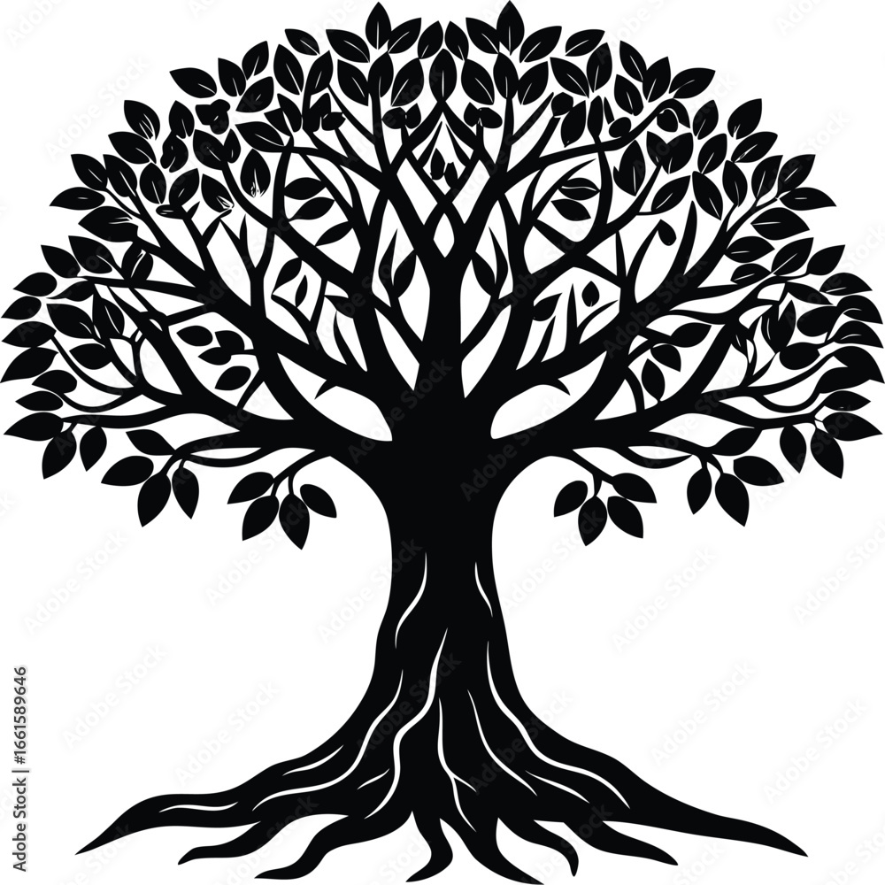 Obraz premium Detailed Tree with Roots and Leaves Vector Illustration Silhouette