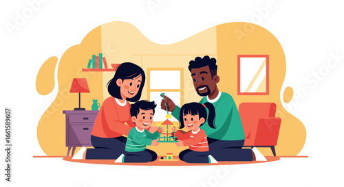Happy diverse family playing together with building blocks on the living room floor, showing joy and connection. Perfect for parenting, childhood, and lifestyle themes.