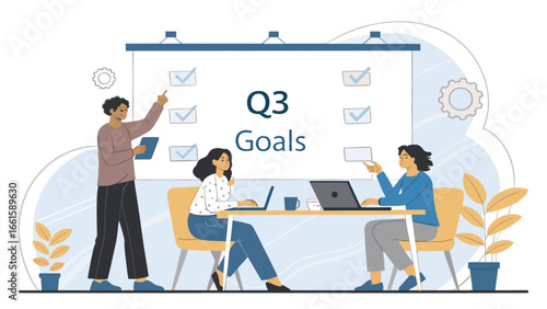 Diverse business team collaborating on Q3 goals in a modern office. Discussing strategy, achieving success, and driving productivity through teamwork and planning.