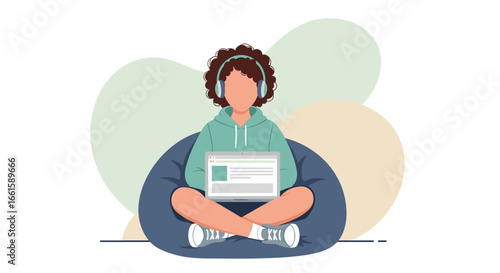 A person in headphones sits comfortably on a bean bag, using a laptop for remote work, online learning, or digital leisure. Modern lifestyle, freelance, home office concept.