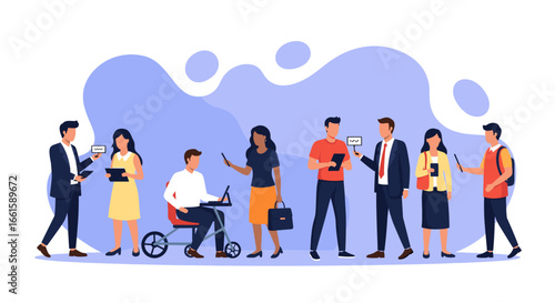 Diverse business professionals utilize modern technology for communication and collaboration, representing teamwork, digital connectivity, and inclusion.
