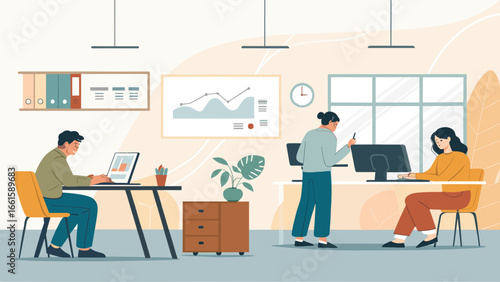 Team of diverse professionals collaborating and working efficiently in a modern, open-plan office. Ideal for business, productivity, and corporate themes.