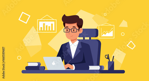 A professional businessman works diligently on his laptop at a desk, surrounded by financial charts and books, symbolizing productivity and success in corporate and modern work environments.
