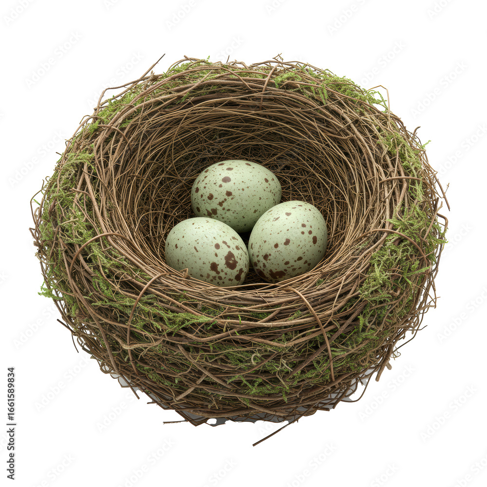 Obraz premium Meticulously detailed bird's nest of twigs, grass, moss, cradling three camouflaged avian eggs, on transparent studio background, concept of natural camouflage