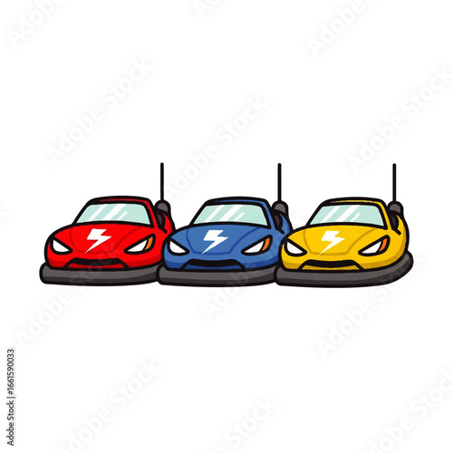 Trio of colorful cartoon bumper cars in red, blue, and yellow with lightning bolt symbols.