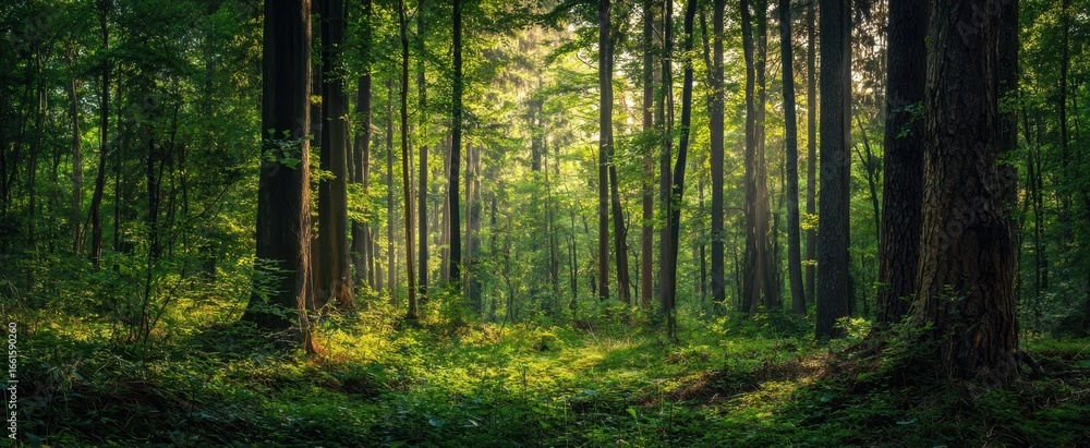 Fototapeta premium The serene forest bathed in gentle sunlight offers a tranquil escape into nature.