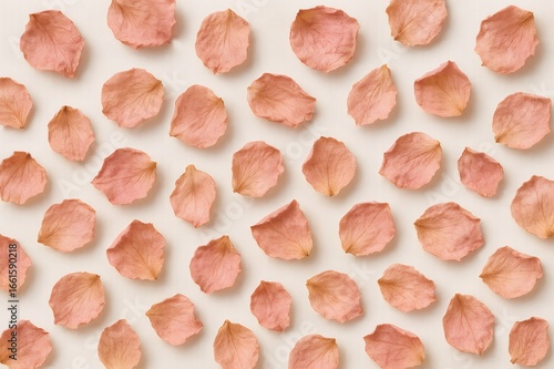 Soft pink petals are creating a beautiful pattern on a white background, perfect for beauty, wellness, and nature themed projects