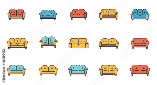 Collection of various colorful armchairs and sofas in different styles and colors