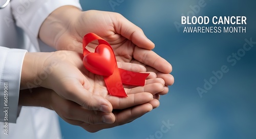 Doctor's Hands Holding Red Ribbon and Heart for Blood Cancer Awareness Month