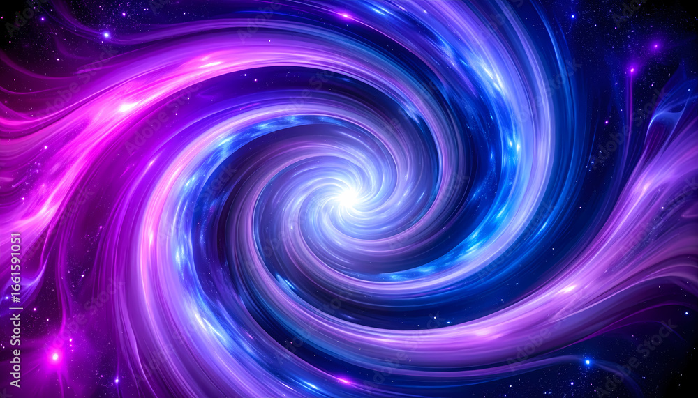 Obraz premium Vibrant, abstract spiral galaxy in deep space with bright light at center. This futuristic cosmic background with beautiful blue and purple nebula evokes sense of wonder
