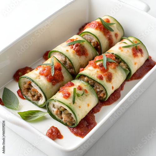 Baked zucchini rolls filled with seasoned ground meat.