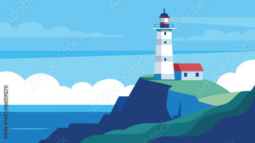 Peaceful coastal lighthouse standing tall on cliffside vector illustration nautical scene