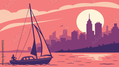 A sailboat sailing on the water with a cityscape and large sun in the background at sunset time