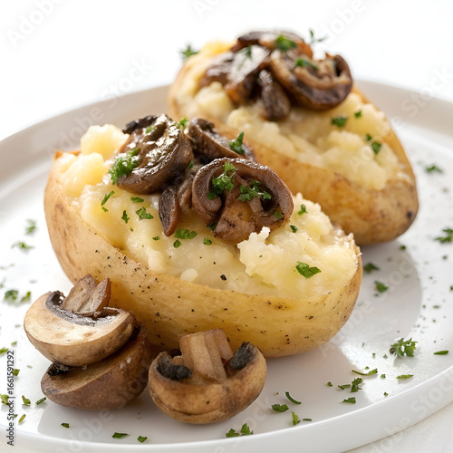 Delicious baked potatoes stuffed with savory mushrooms.