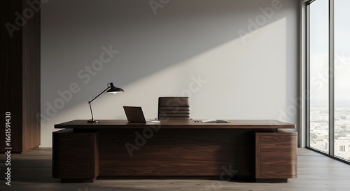 Modern office interior with a large desk, computer, and a blank white wall for display.